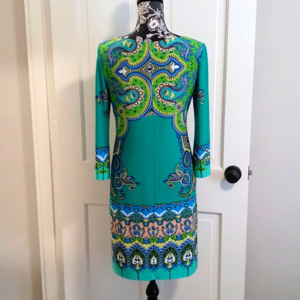 🦚Ronni Nicole🦚 - Green/Turquoise Paisley Stretch Sheath Dress - Picture 5 of 13